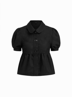 Cider - Denim Peter Pan Collar Ruched Puff Sleeve Blouse