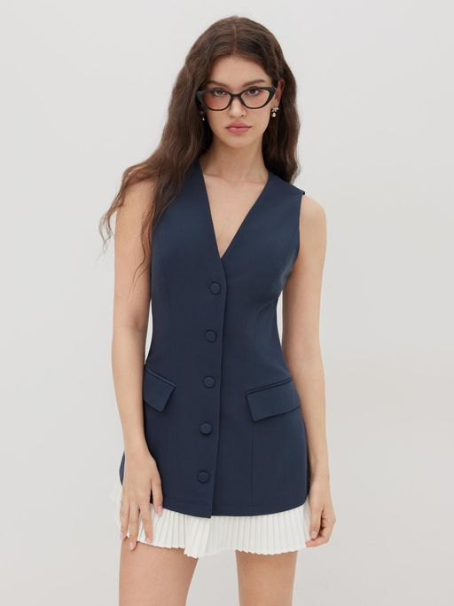 two tone sleeveless pleated short dress Maxine Double-Breasted Sleeveless Pleated Mini Dress