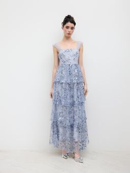 Cider - Mesh Square Neck Floral Sequin Tulle Layered Maxi Dress