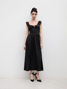 Cider - Square Neck Rhinestone Bowknot Corset Ruffle Maxi Dress