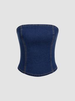 Cider - Stretch Denim Shirred Bowknot Crop Bandeau Top