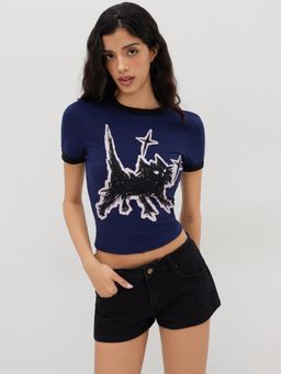 Cider - Cat Graphic Round Neckline Short Sleeve Tee