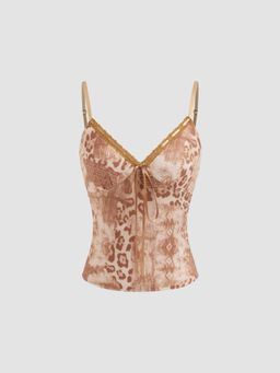 Cider - V-neck Leopard Lace Trim Crop Cami Top