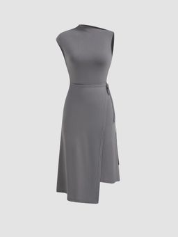 Cider - Two Way Asymmetrical Neck Wrap Knotted Midi Dress