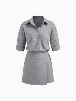 Cider - Cotton-blend Collar Stripe Wrap Mid-length Sleeve Mini Shirt Dress