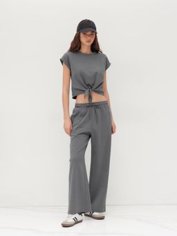 Cider - Cotton-blend Twist Roll-up Sleeve Top & Mid Rise Elastic Waist Straight Leg Trousers