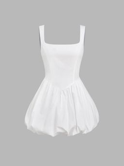 Cider - Cotton U-neckline Lace Up Tie Back Bubble Hem Mini Dress