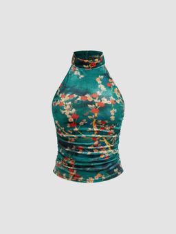 Cider - Velvet Stand Collar Floral Ruched Tank Top