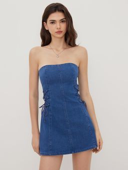 Cider - High Stretch Denim Bandeau Lace Up Mini Dress