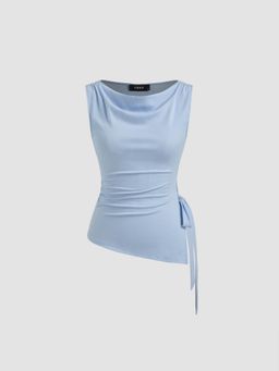 Cider - Cowl Neck Ruched Split Knotted Asymmetrical Top