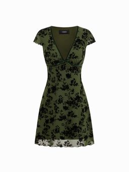 Cider - Mesh V-neck Floral Bow Mini Dress