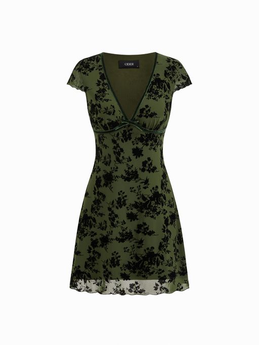 Buy Cider Mesh V-neck Floral Bow Mini Dress (XS) Online