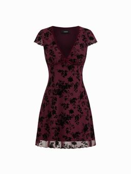 Cider - Mesh V-neck Floral Bow Mini Dress