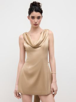 Cider - Satin Cowl Neck Bowknot Mini Dress