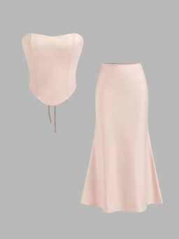 Cider - Satin Bandeau Lace Up Top & Mid Rise Mermaid Maxi Skirt