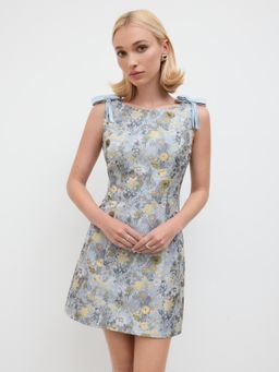 Cider - Jacquard Boat Neck Floral Bowknot Mini Dress