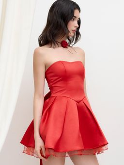 Cider - Satin Pleated Bowknot Lace Trim Mini Dress