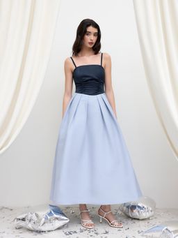 Cider - Satin Pleated Ruched Two Tone Maxi Dress With Removable Shoulder Straps