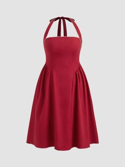 Cider - Linen-blend Halter Neckline Knotted Ruffle Midi Dress Curve & Plus