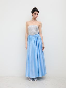 Cider - Satin Bandeau Sequin Bowknot Ruffle Maxi Dress