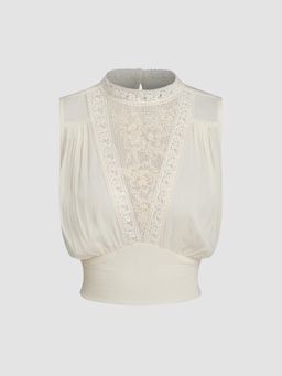 Cider - Stand Collar Lace Embroidery Crop Tank Top
