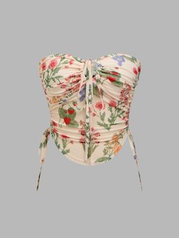 Cider - Mesh Floral Ruched Drawstring Crop Bandeau Top With Adjustable Straps