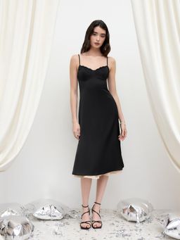 Cider - Satin Backless Lace Trim Midi Dress