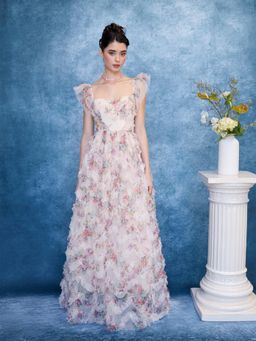 Cider - Mesh Square Neck Floral Lettuce Trim Lace Up Maxi Dress