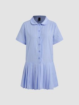 Cider - Peter Pan Collar Stripe Pleated Smock Mini Dress