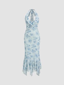 Cider - Halter Neckline Floral Ruched Lace Trim Ruffle Maxi Dress