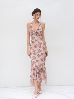 Cider - Halter Neckline Floral Ruched Lace Trim Ruffle Maxi Dress