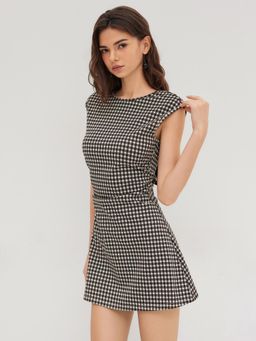 Cider - Boat Neck Gingham Backless Bowknot Mini Dress