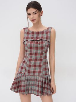 Cider - Round Neckline Plaid Bowknot Pleated Mini Dress