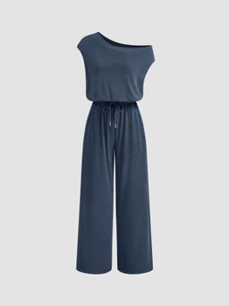 Cider - Asymmetrical Neck Drawstring Jumpsuit