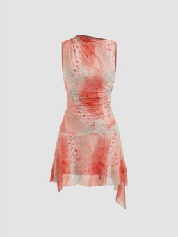 Cider - Mesh Asymmetrical Neck Tie Dye Floral Ruched Mini Dress