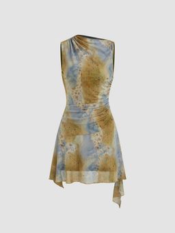 Cider - Mesh Asymmetrical Neck Tie Dye Floral Ruched Mini Dress