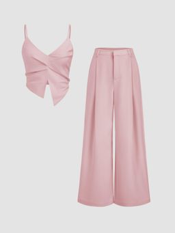 Cider - V-neck Twist Split Crop Cami Top & Mid Rise Wide Leg Trousers