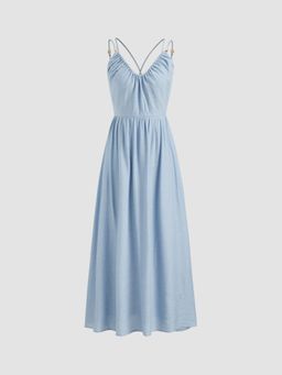 Cider - Linen-blend Beaded Criss Cross Backless Maxi Dress