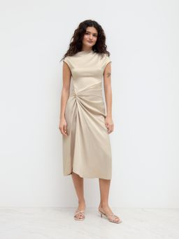 Cider - Satin Asymmetrical Neck Twist Split Midi Dress