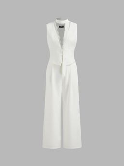 Cider - V-neck Lace Trim Wide Leg Jumpsuit With Scarf