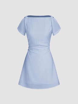 Cider - Linen-blend Boat Neck Ruched Cut Out Sleeve Mini Dress