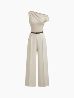 Cider - Asymmetrical Neck Ruched Jumpsuit With Belt