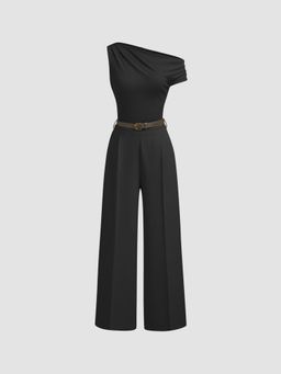 Cider - Asymmetrical Neck Ruched Jumpsuit With Belt
