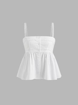 Cider - 100% Cotton Square Neck Button Through Ruffle Hem Top