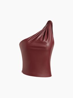 Cider - Faux Leather Asymmetrical Neck Top