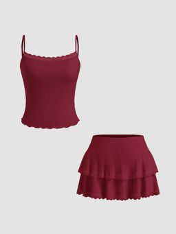 Cider - Lettuce Trim Bowknot Cami Top & Low Rise Lace Trim Layered Mini Skirt