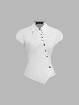 Cider - 100% Cotton Asymmetrical Button Two Tone Patched Shirt