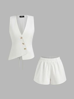 Cider - Linen-blend Asymmetrical Hem Lace Up Vest & Mid Rise Shorts