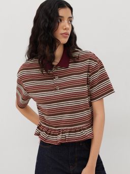 Cider - Cotton-blend Polo Stripe Ruffle Oversized Tee