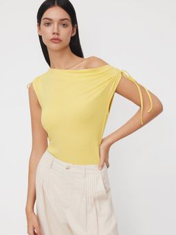 Cider - Asymmetrical Neck Drawstring Ruched Bodysuit